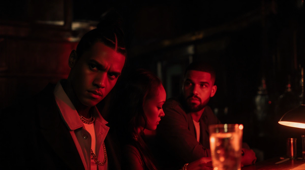 A$AP Rocky stands confidently with Rihanna under red nightclub lights while Drake sits alone at the bar