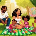 A$AP Rocky and Rihanna enjoying family picnic with their three children playing on colorful blanket in sunny park