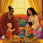 A$AP Rocky and Rihanna sit on plush couch with their children playing monk versus rockstar game in cozy family room