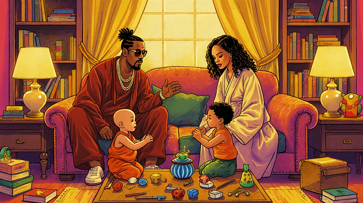 A$AP Rocky and Rihanna sit on plush couch with their children playing monk versus rockstar game in cozy family room