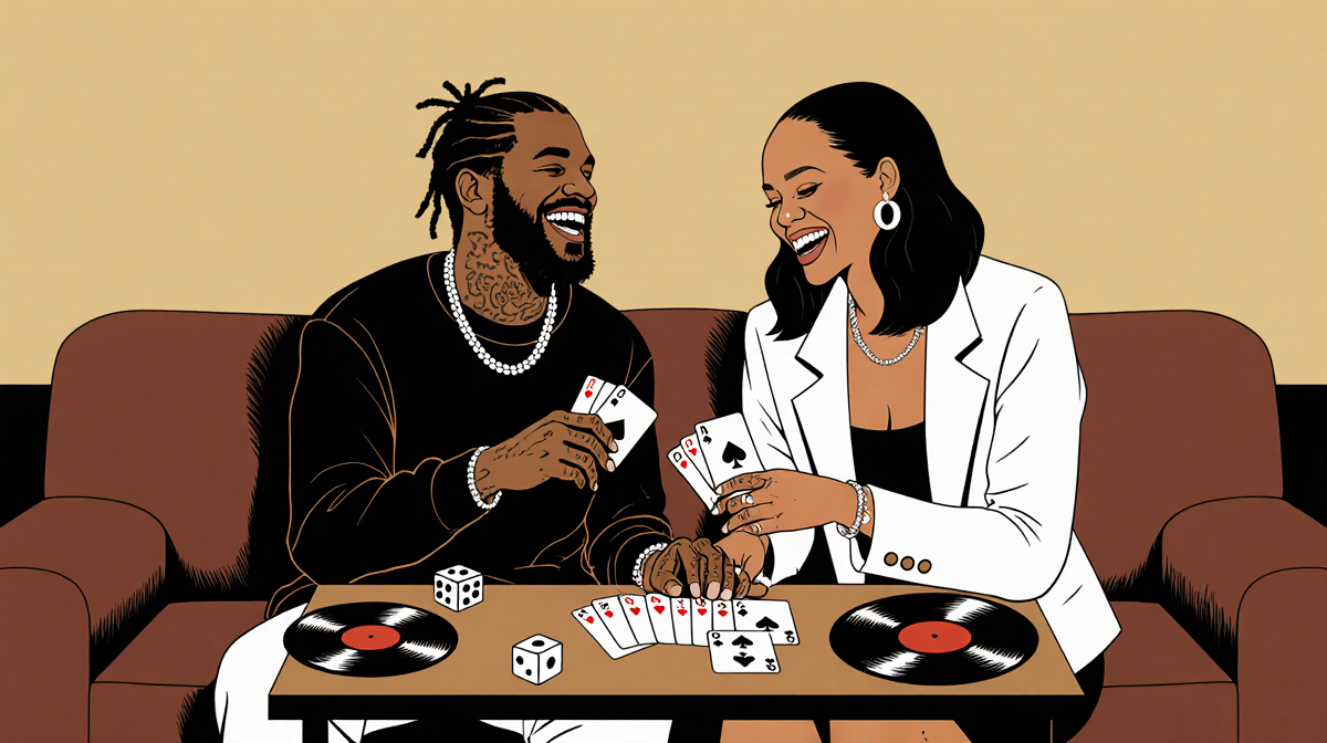 A$AP Rocky and Rihanna laugh while playing cards with guitar picks and vinyl records near a low table and parenthood and fame