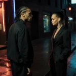 A$AP Rocky approaches Rihanna outside a neon‑lit nightclub with wet pavement glowing.