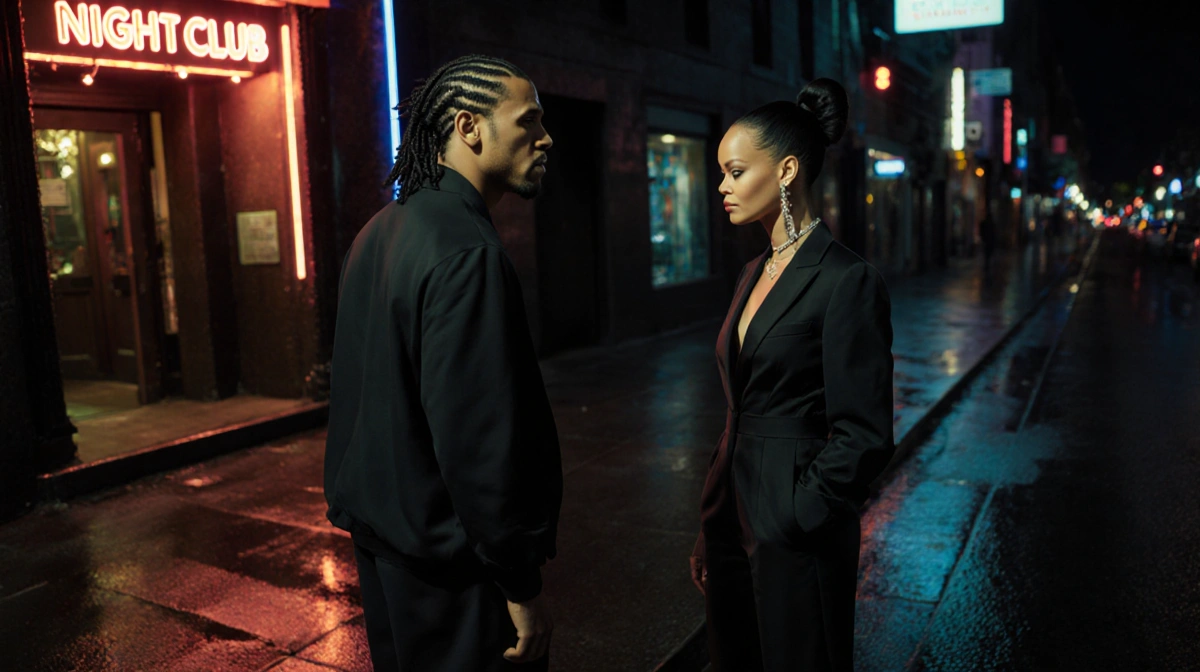 A$AP Rocky approaches Rihanna outside a neon‑lit nightclub with wet pavement glowing.