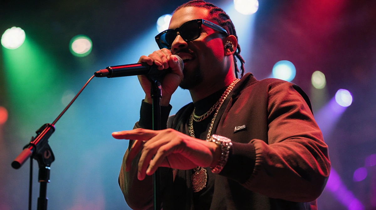 A$AP Rocky performing on SNL with colorful lights and microphone showing his dynamic stage presence