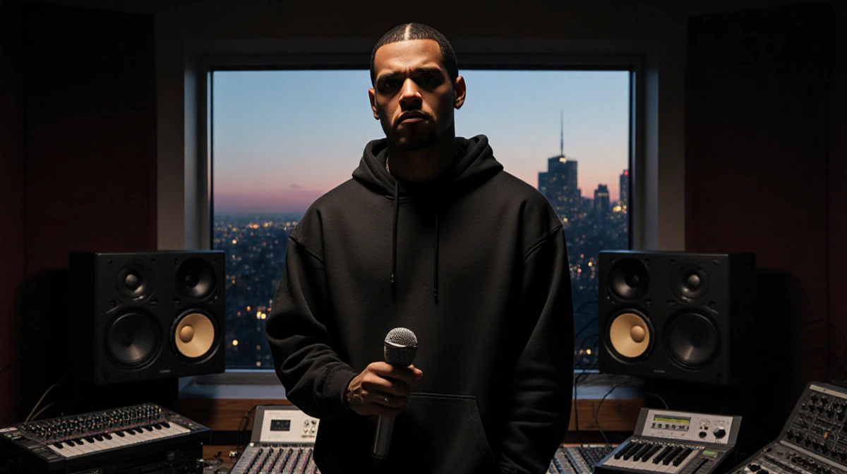 A$AP Rocky holding a microphone with a hoodie and thoughtful look in a dim studio with city skyline at dusk