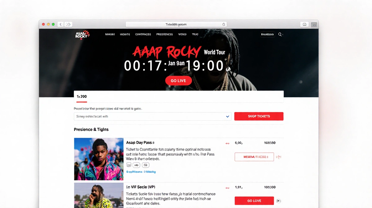 Computer screen shows ASAP Rocky World Tour site with a red GO LIVE button and countdown timer above ticket options