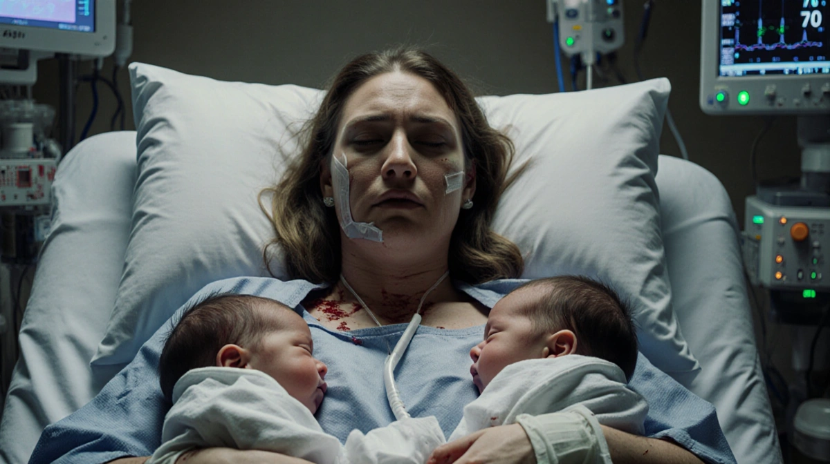 Ashley Graham sitting in bed with twins in arms and medical staff surrounding her