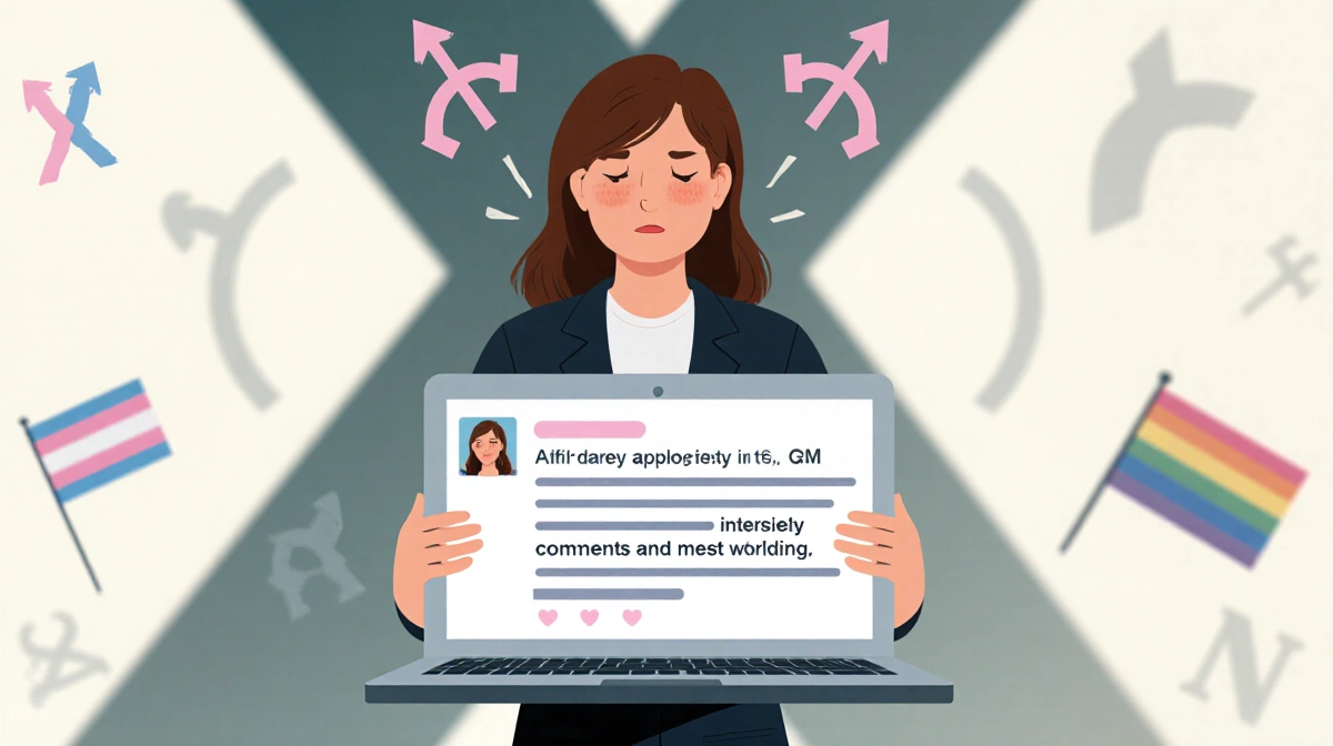 Ashley St. Clair holding tablet with apology post while standing near transgender flag showing remorse for past comments