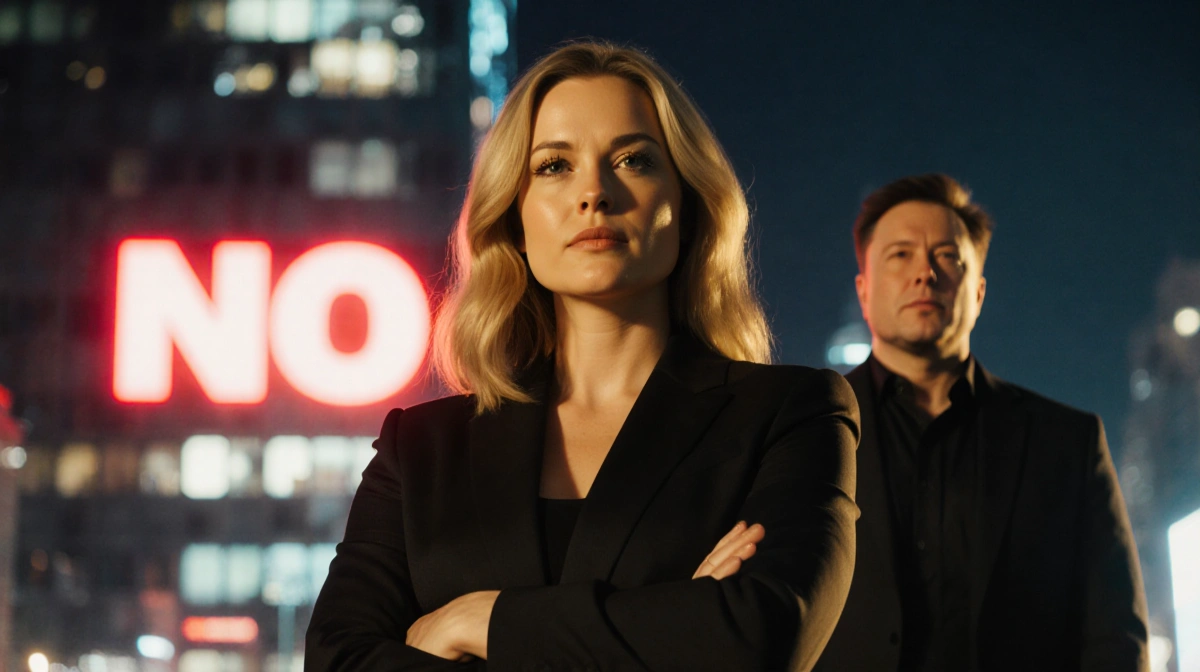 Ashley St. Clair stands strong with arms crossed and red NO sign behind her showing defiance against online harassment