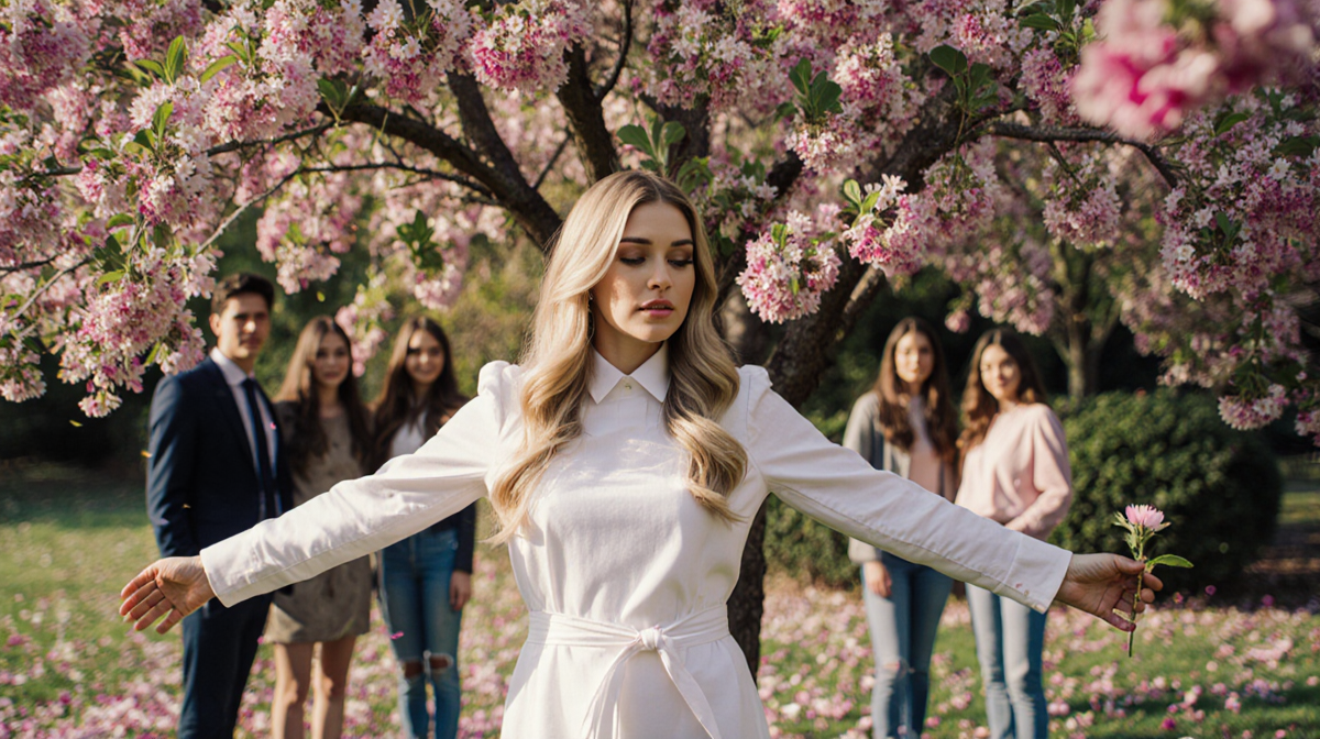 Ashley Tisdale standing with arms out holding a small flower in front of blooming tree renewal and freedom friends background
