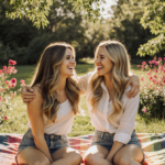Ashley Tisdale and Haylie Duff laughing at each other with colorful blanket and dappled sunlight over green foliage