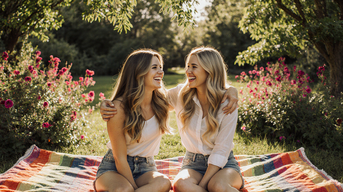 Ashley Tisdale and Haylie Duff laughing at each other with colorful blanket and dappled sunlight over green foliage