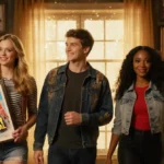 Ashley Tisdale French Lucas Grabeel and Monique Coleman walk together with Ashley holding High School Musical poster at vinta