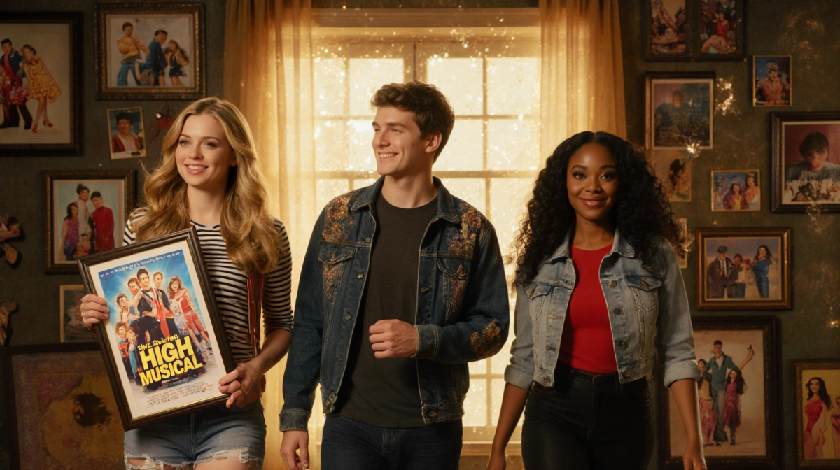 Ashley Tisdale French Lucas Grabeel and Monique Coleman walk together with Ashley holding High School Musical poster at vinta