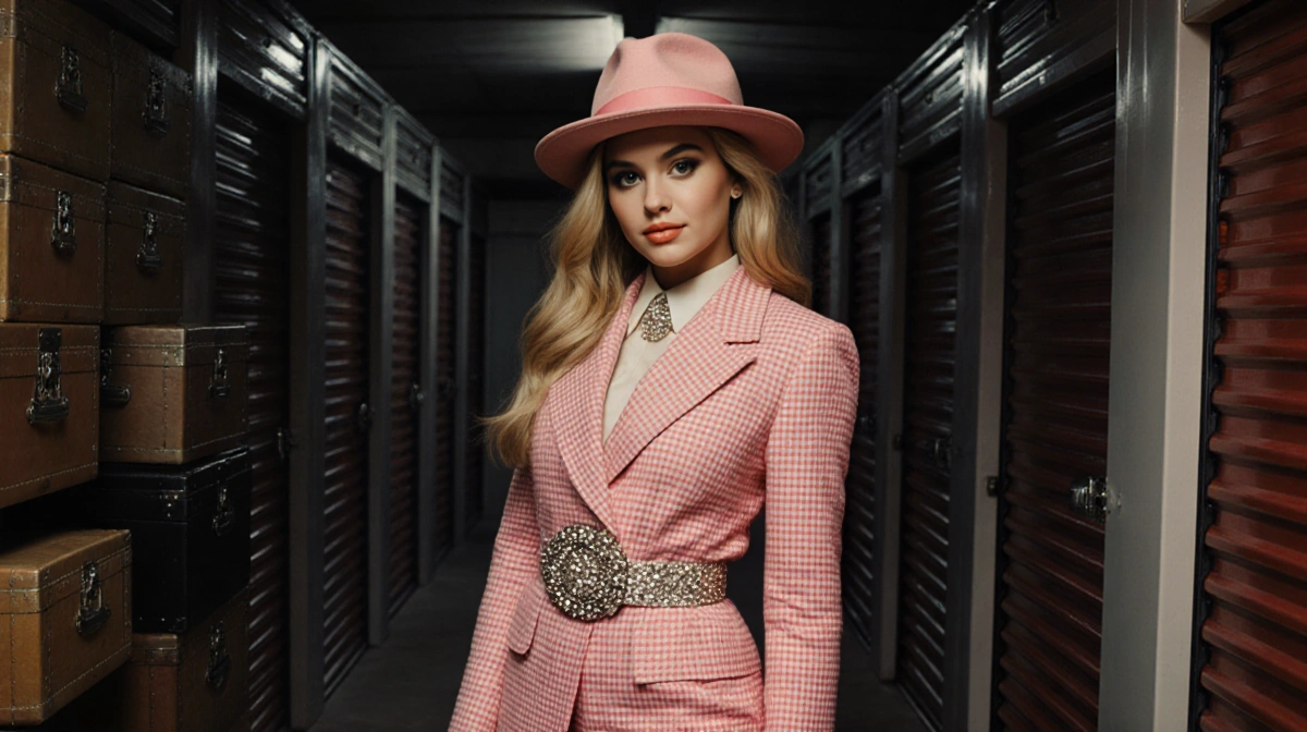 Ashley Tisdale stands before storage unit with fashion boxes and trunks while wearing pink tweed set from High School Musical