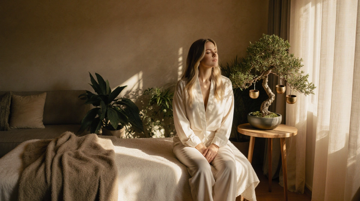 Ashley Tisdale relaxing on spa massage table with bonsai tree and singing bowls in golden sunlight