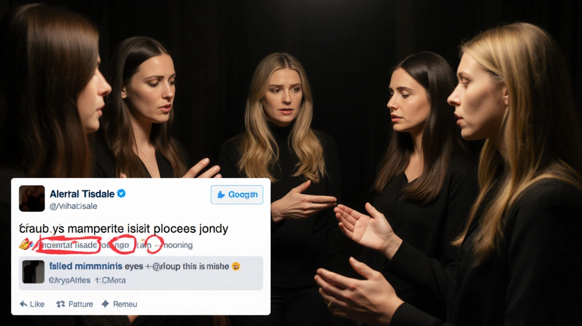 Five women sit in circle with Ashley Tisdale looking concerned while social media post glows behind them