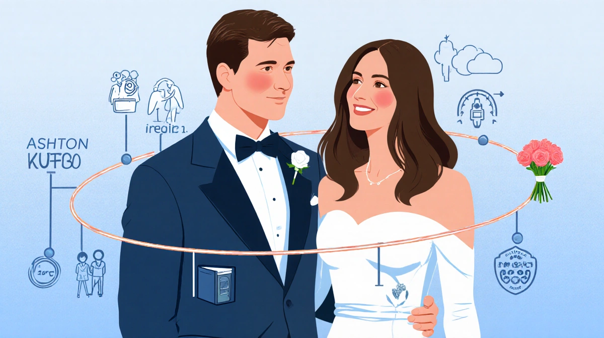 Ashton Kutcher and Demi Moore timeline showing intertwined lines with wedding symbols and photo album on soft blue background