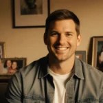 Ashton Kutcher smiling warmly at camera with family photos and personal items in cozy living room setting