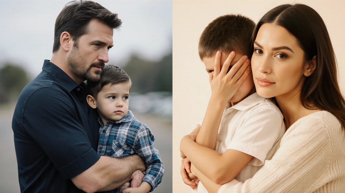 Ashton Kutcher holding son with Mila Kunis and child in soft lighting with blurred background