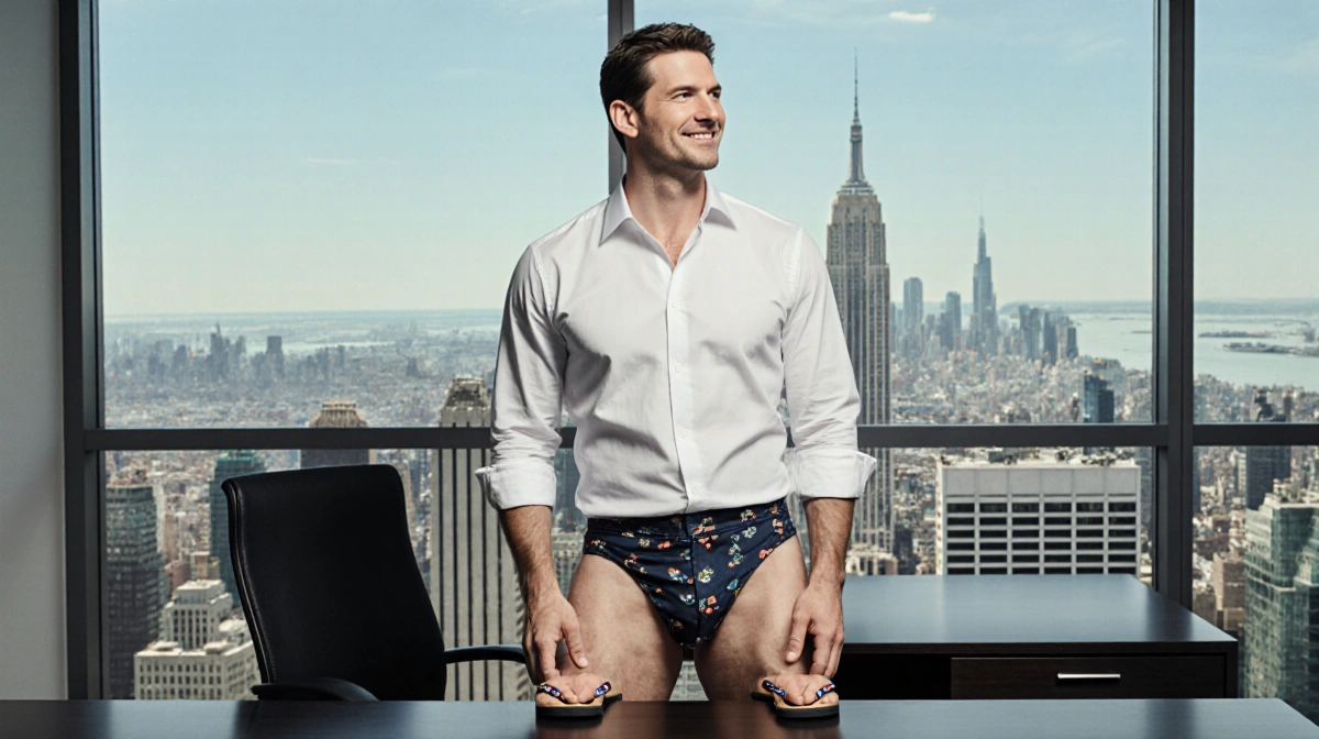 Ashton Kutcher stands confidently in white shirt with swim trunks and flip flops showing his fitness transformation