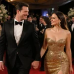 Ashton Kutcher and Mila Kunis walking hand in hand down the red carpet with romantic lighting and blurred celebrities behind