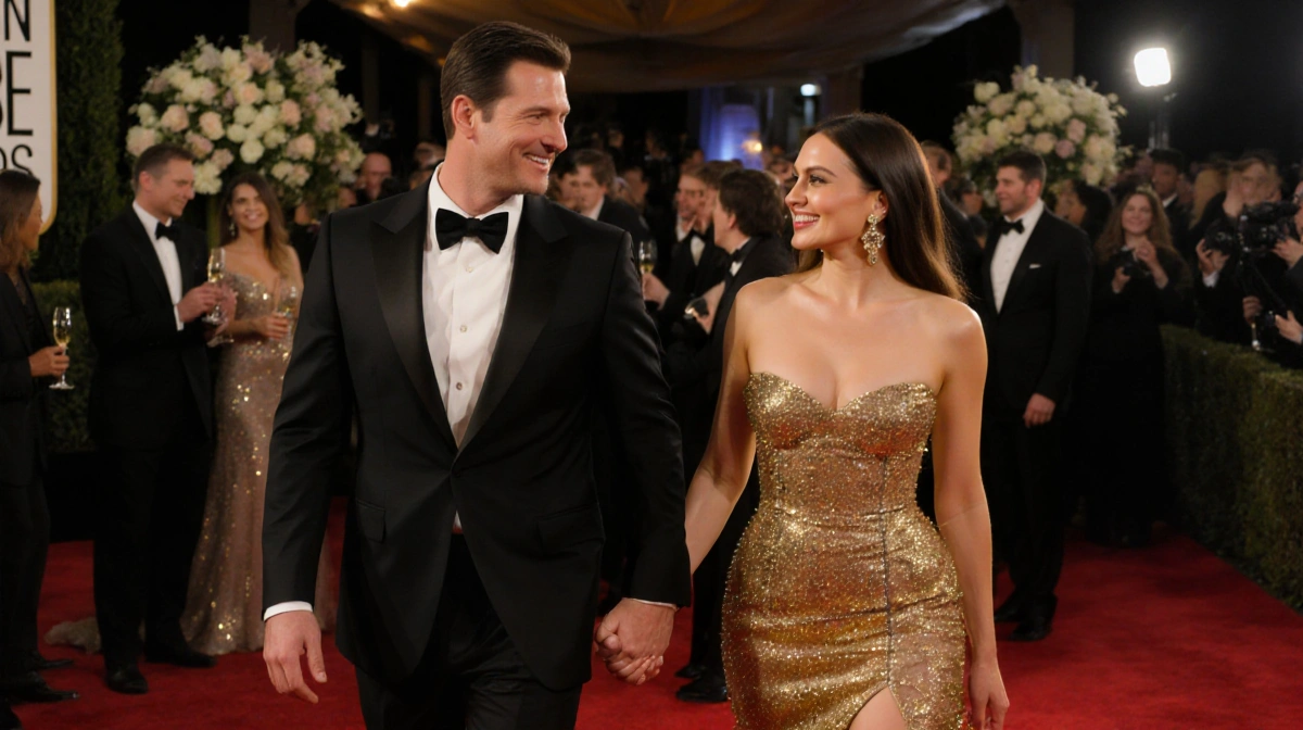 Ashton Kutcher and Mila Kunis walking hand in hand down the red carpet with romantic lighting and blurred celebrities behind