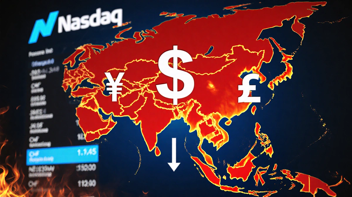 World map shows Asia burning with flames as dollar weakens against yen and franc while Nasdaq futures drop 1.3%