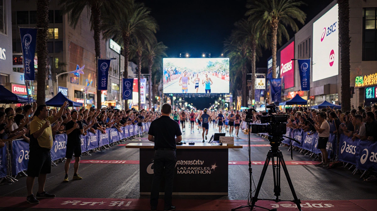 Jon Dunham commentating at marathon finish line with cheering crowds and LED screen showing live broadcast