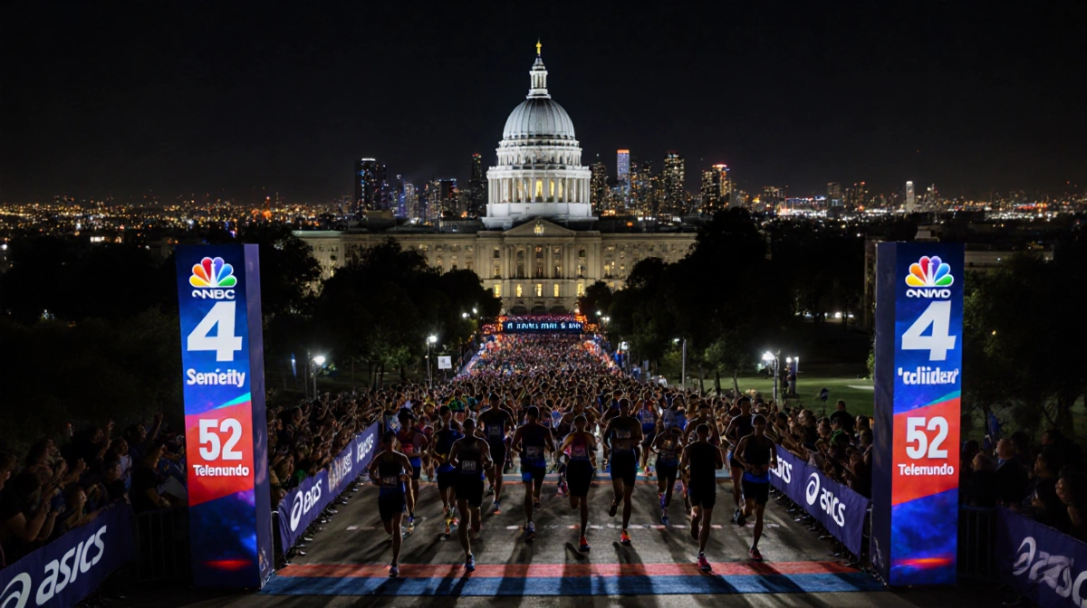 Runners cross the ASICS Los Angeles Marathon finish line with City Hall lit up behind them and cheering crowds lining the cou