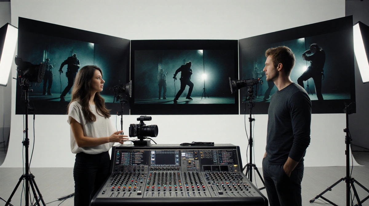Paulina Chávez and Taylor Sheridan reviewing film set panels with lighting rigs and camera showing assault scene planning