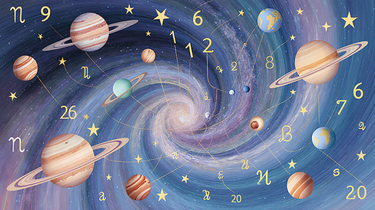 Celestial map swirling with planets and numbers with soft ethereal colors and flowing lines