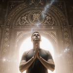 Young adult gazing sky with hands clasped before glowing astrology door evoking serenity beginnings