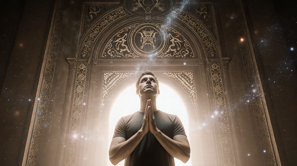 Young adult gazing sky with hands clasped before glowing astrology door evoking serenity beginnings