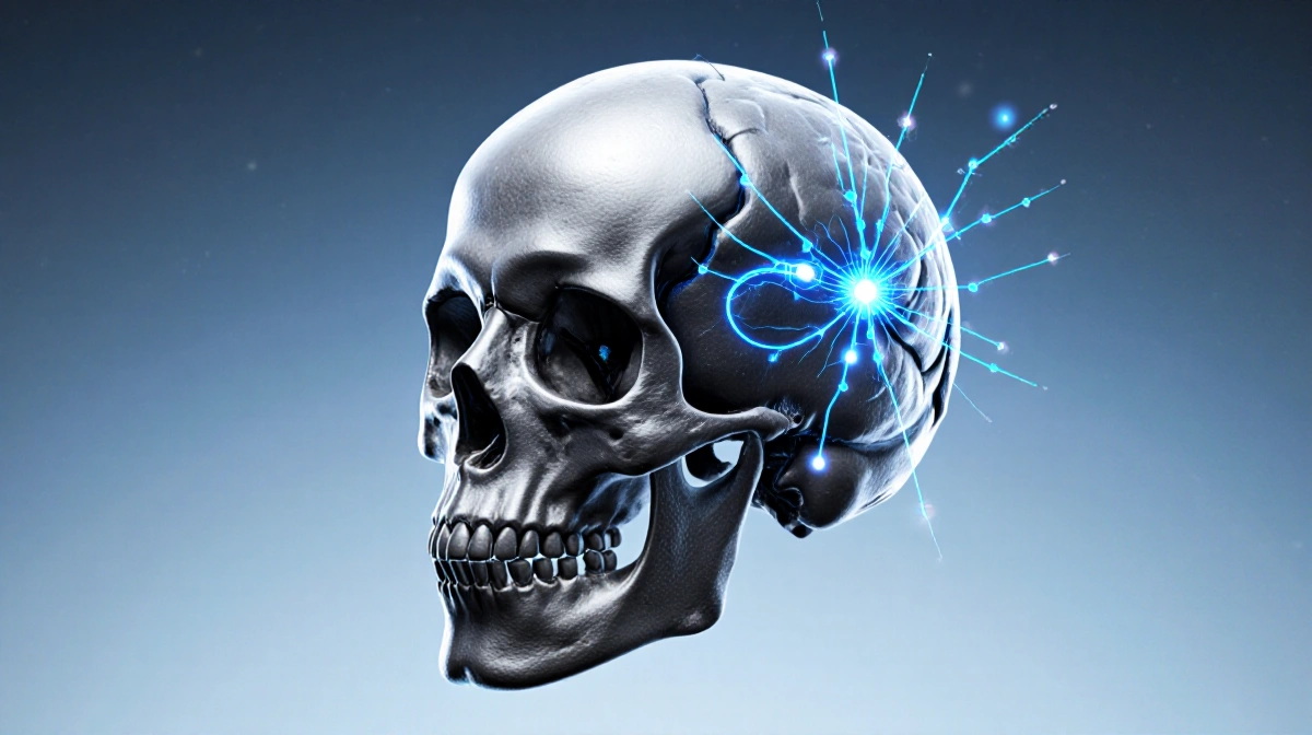 Anatomical astronaut brain illustration shows glowing blue neural pathways with metallic skull and space gradient background