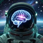 Astronaut sits in space station with 3D brain scan projected on forehead and galaxy glowing behind