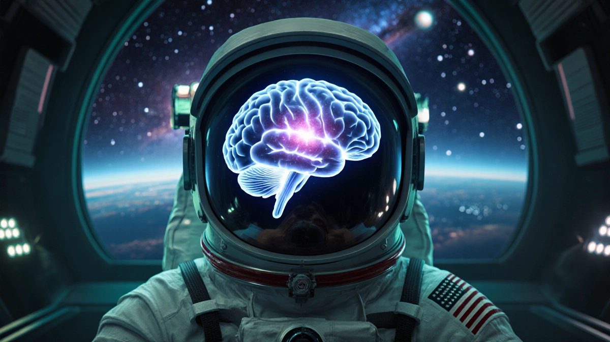 Astronaut sits in space station with 3D brain scan projected on forehead and galaxy glowing behind