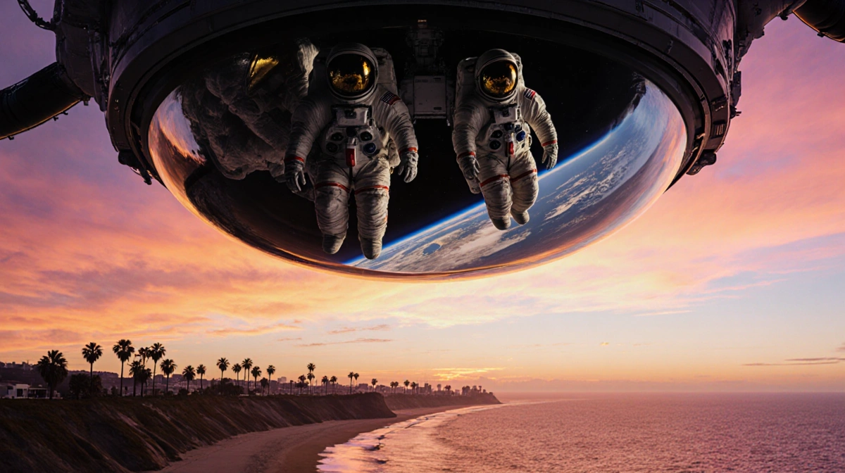 NASA astronauts floating in spacecraft above San Diego coastline at sunset with Earth curvature and palm trees visible