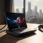 Asus ROG Ally gaming console displays a 120Hz screen with cables arranged and warm glow highlighting controllers and headset