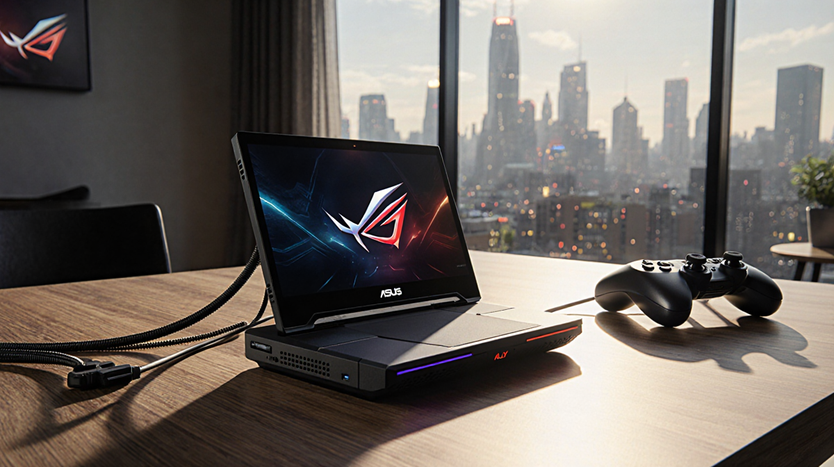 Asus ROG Ally gaming console displays a 120Hz screen with cables arranged and warm glow highlighting controllers and headset