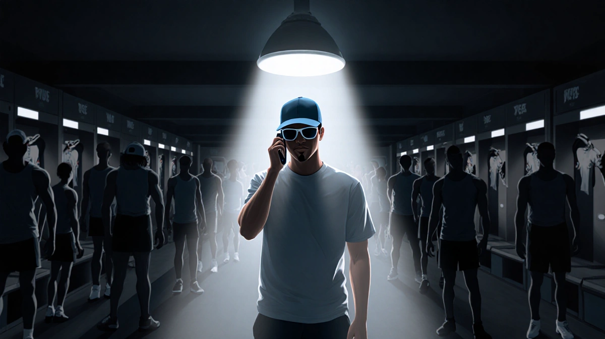 Person wearing cap and sunglasses talks on phone under spotlight with athletes in shadowy locker room