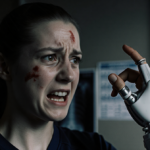 Young athlete showing injured hand with prosthetic toe attachment and shocked face in dim hospital room.