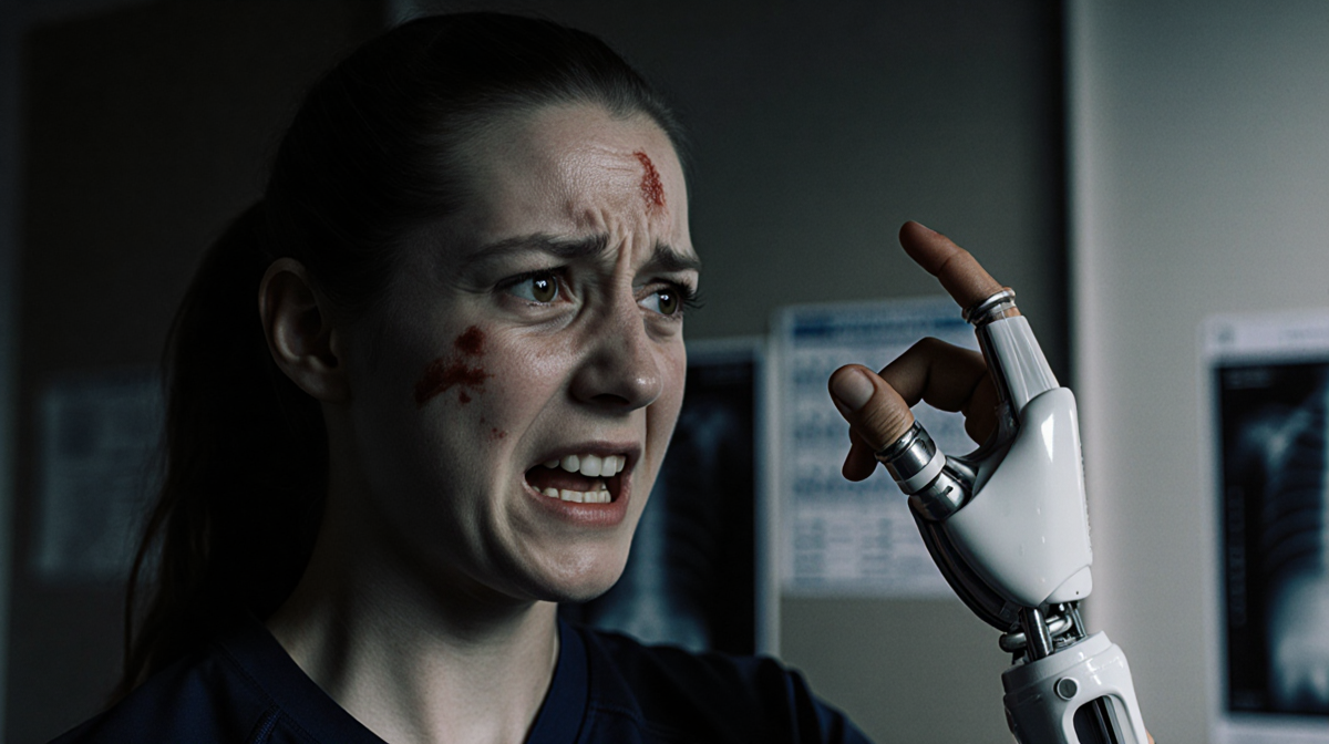 Young athlete showing injured hand with prosthetic toe attachment and shocked face in dim hospital room.