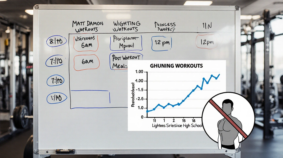 Athlete's training schedule on whiteboard with weight loss chart showing Matt Damon's progress and gluten-free diet illustrat