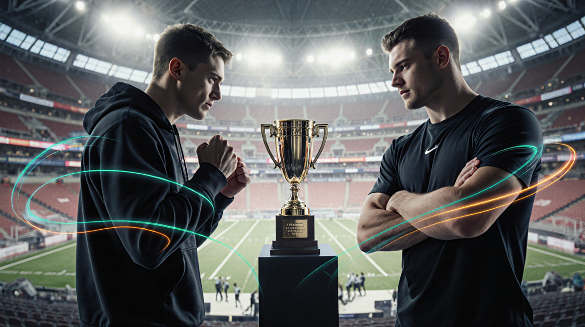 Two athletes stand facing each other with clenched fists and crossed arms in a dimly lit stadium near a faint trophy