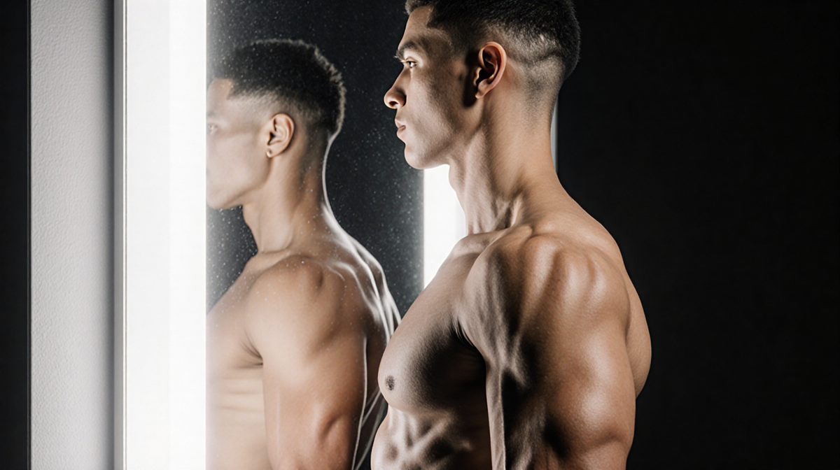 Athletic person standing side-profiled in front of full-length mirror with subtle shadows and clear muscle definition