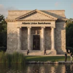 Stone bank building stands with people walking near water and sunlight warming the façade