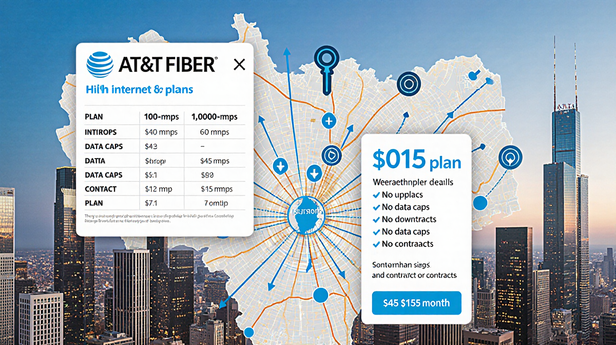 AT&T Fiber internet plans illustrated on a city map of Houston with 1000-Mbps icons and no-cap symbols