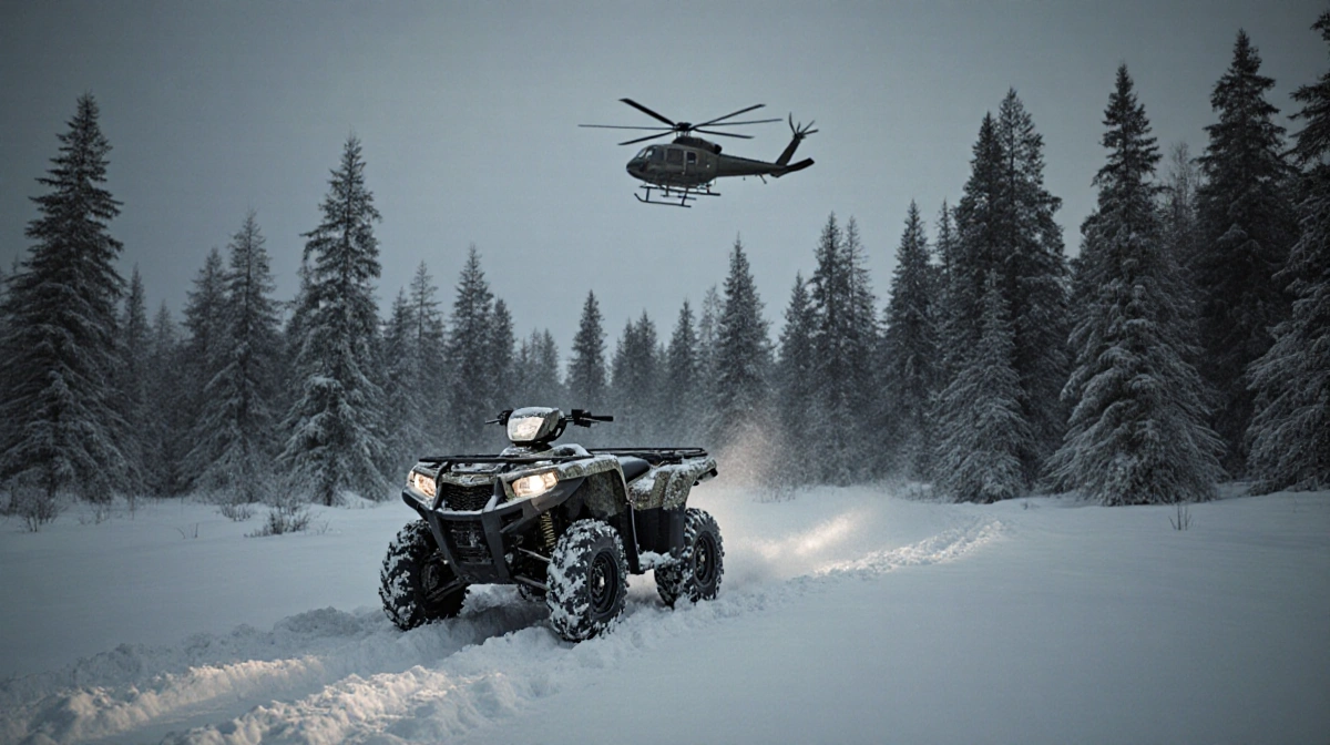 Rugged ATV plowing through deep snow with search helicopter hovering overhead and spotlight beams cutting across the forest