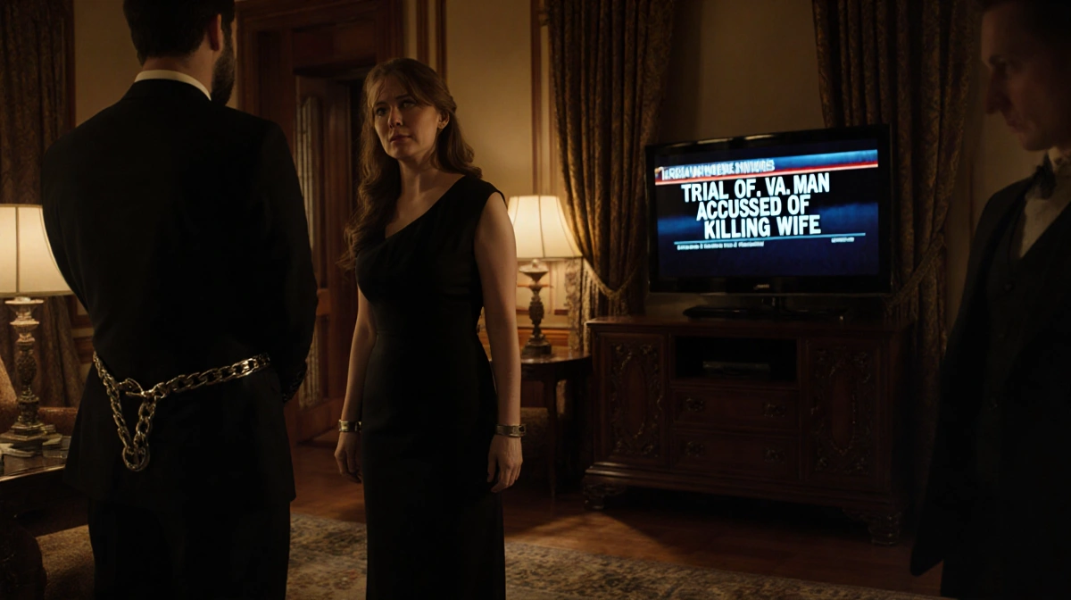 Woman stands in shock before handcuffed husband with TV showing murder trial news in dark living room